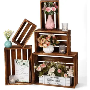 5 count Decorative Nesting Wooden Crates for Storage Display 5 Size Large Small Rustic  Decorative Storage Crates with Handle Farmhouse Crate Box Container Made from Pine( Brown)