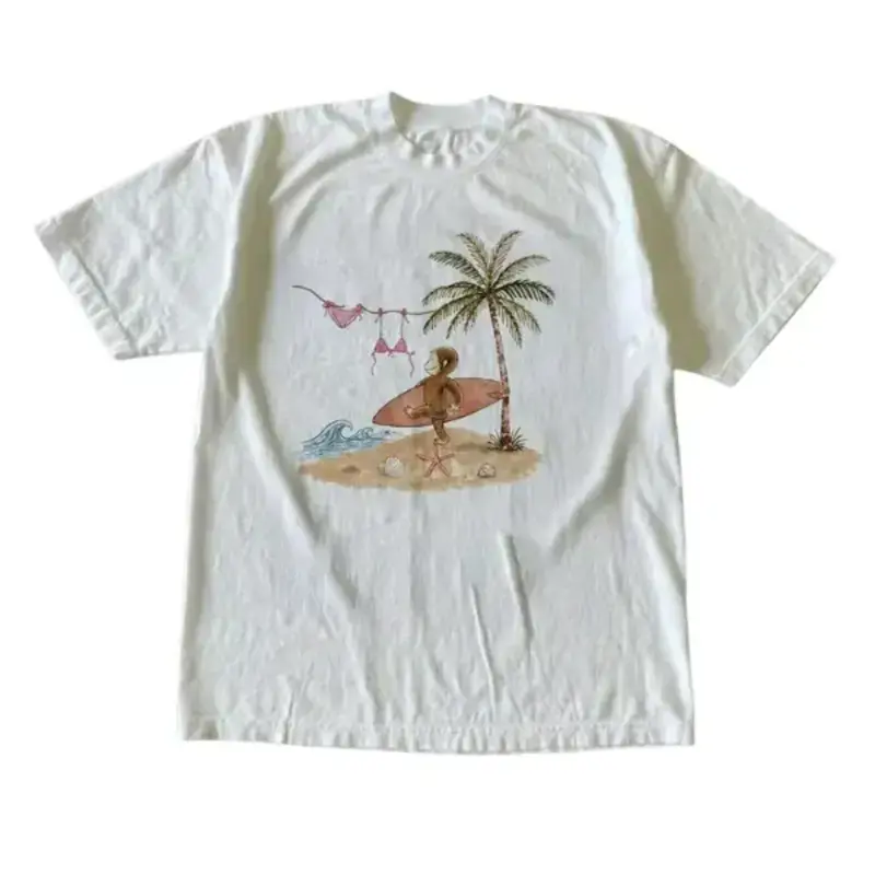 100% Cotton Curious George Surfing Y2K Summer T-Shirt, Vintage Graphic Tee, Cute Shirts Vacation Clothing Casual Summer Outfits for Men and Women