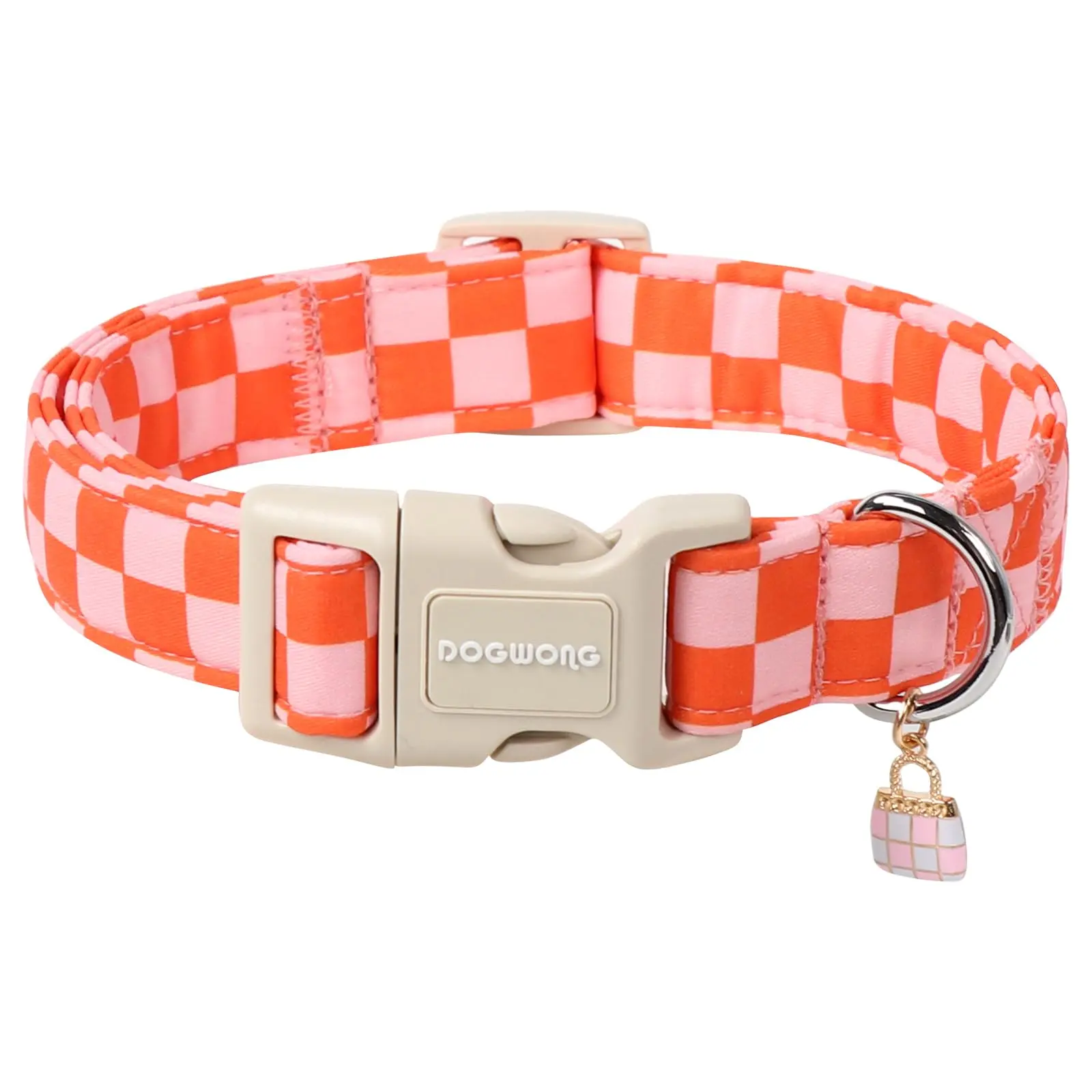 DOGWONG Adjustable Soft Cotton Orange Plaid Dog Collar - Cute Design, Chew Resistant, Adjustable Roll Buckle, Tag Holder for All Breeds Small to Large Dogs