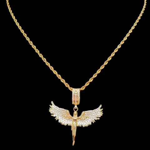 Artificial Zircon Angel Pendant Necklace with Stainless Steel Chain, Men Women Punk Style Jewelry, Fashion Vintage Accessory for Daily Wear or Party, Celestial Pendant Necklace, Jewellery Pendant, Zircon Gemstone Necklace