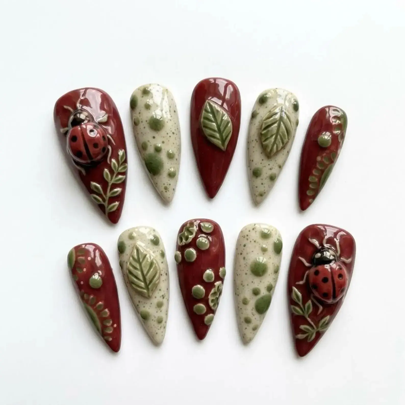 3D Ladybug & Leaf Press On Nails | Artisan Ceramic Style | Red Botanical Garden Art | Handmade Luxury Glue On Nails | Lucky Bug Manicure nails
