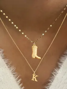 2Pcs/Set Initial Western Cowboy Boot Pendants Necklace Women Fashion Classic Vintage Golden Stainless Steel Choker Layered Chain Necklaces Personalized Initial Necklace For Women Alphabet Necklaces