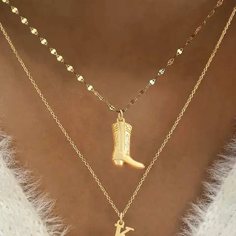 2Pcs/Set Initial Western Cowboy Boot Pendants Necklace Women Classic Vintage Golden Stainless Steel Choker Layered Chain Necklaces Personalized Initial Necklace For Women Jewelry, Necklace Gift
