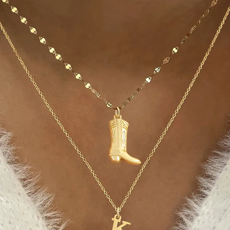 2Pcs/Set Initial Western Cowboy Boot Pendants Necklace Women Classic Vintage Golden Stainless Steel Choker Layered Chain Necklaces Personalized Initial Necklace For Women Jewelry, Necklace Gift