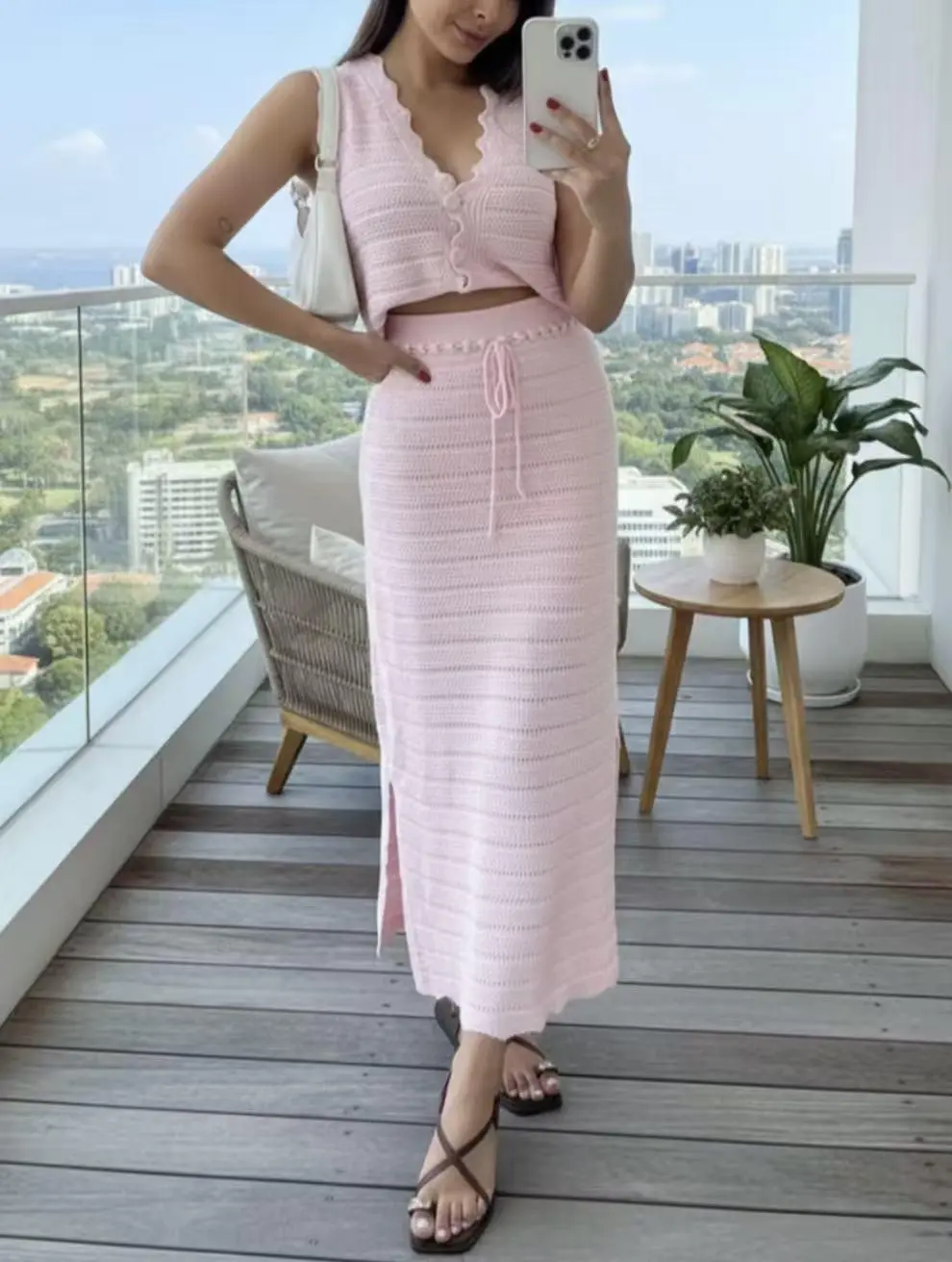 Sweet Dreams. 2pcs/Set Women's Spring/Summer Outfit, New V-Neck Hollow Mushroom Button Cardigan & Matching Sleeveless Top And Skirt, Music Festival Fashion Pink Set, Casual Daily/Graduation/New Year/Valentine's Day