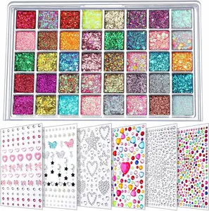 FANDAMEI Makeup Face Glitter Gel Palette with Self-Adhesive Face Gems, Hair Jewels, Rhinestones & Pearls - 6 Sheets for Women’s Body, Hair Decoration