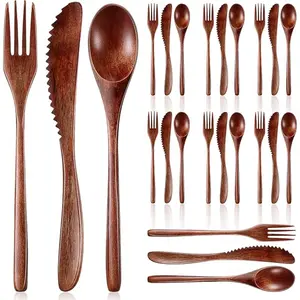 24 Pcs Wooden Utensils for Eating Wooden Spoon Fork Knife Cutlery Set Kitchen Wood Dinner Flatware Tableware Set Includes Spoon, Fork, Knife