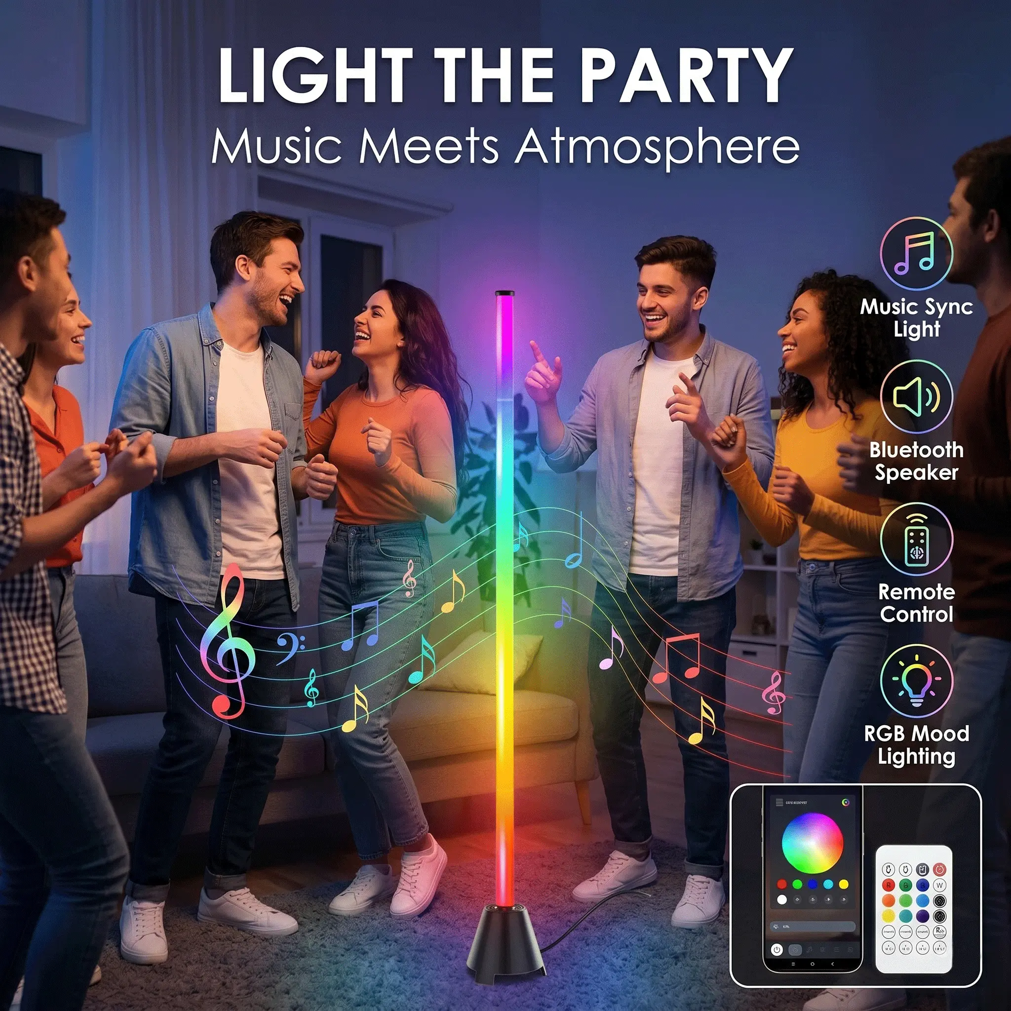 Modern LED Floor Lamp with Wireless Bluetooth Audio Speaker, Dynamic Mood Lighting, Adjustable Brightness, Smart APP Control Standing Lamp for Home Office Bedroom Gaming Room Party Entertainment