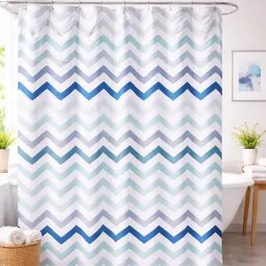 Modern Chevron Stripe Shower Curtain for Kids & Family, Blue Gradient Waterproof Bathroom Curtain, 72x72 Inch