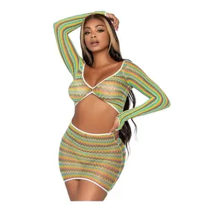 Leg Avenue Zig Zag Net Gauntlet Sleeve Crop Top and Mini Skirt