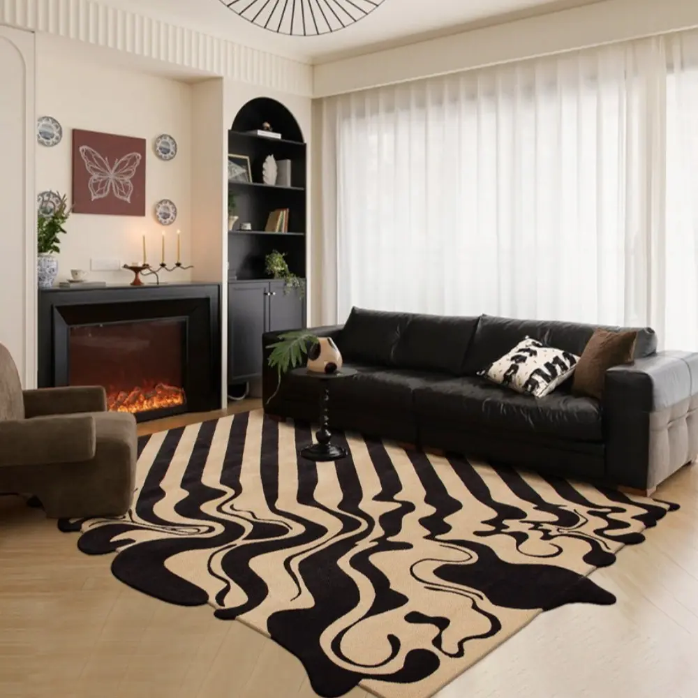 Living room carpet,Black and white flowing wave art carpet,Modern minimalist large carpet,home decor rugs,Decorative rug,Modern indoor rug,Modern abstract rug,Washable and stain-resistant carpet,Irregularly shaped carpet,Suitable for living room, bedroom