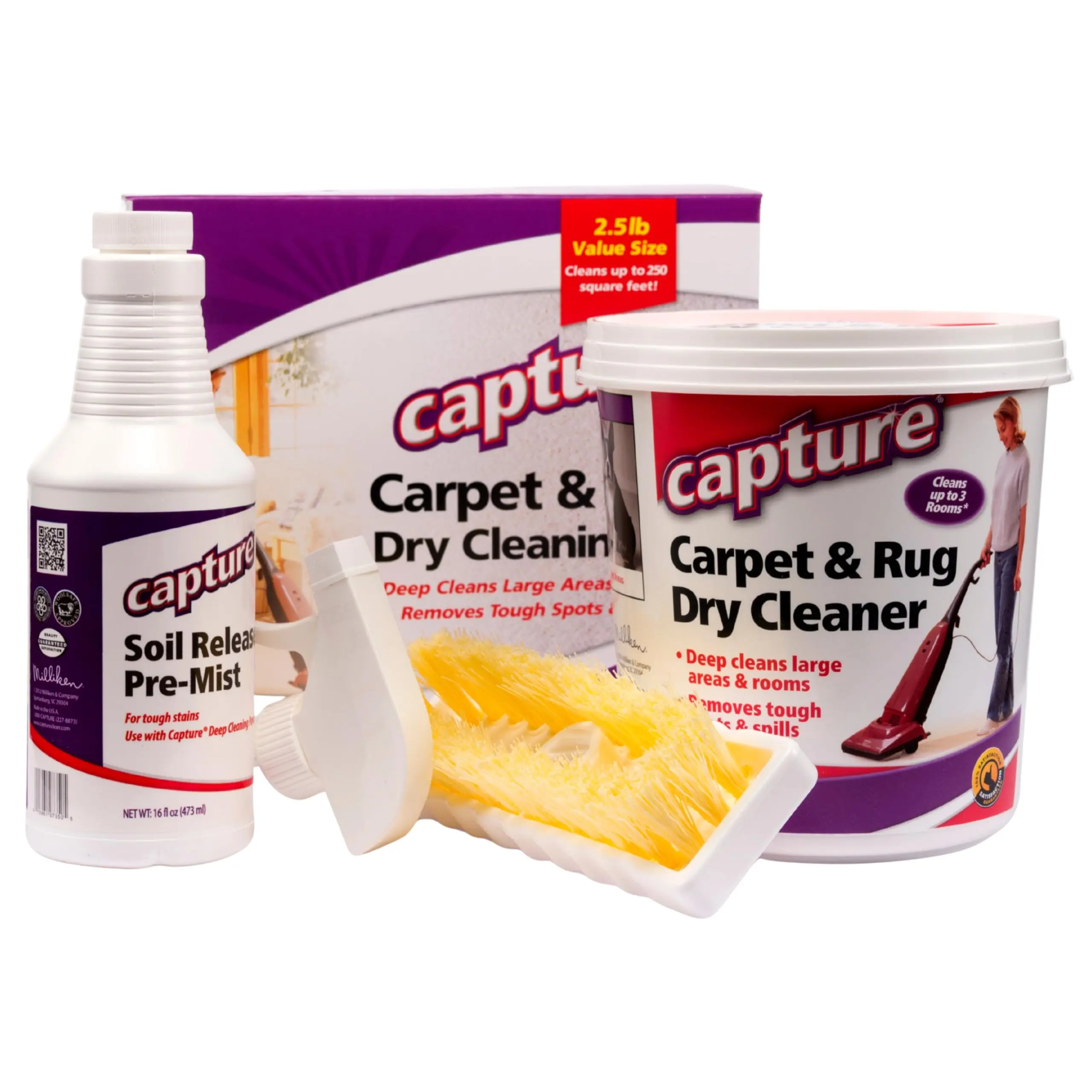 Capture Carpet Total Care Kit 250 – 2.5 lb Dry Carpet Cleaner Powder + 16 oz Pre-Mist Spray with Brush – Deep Fiber Carpet & Rug Cleaner for Pets, Kids, Stains & Odors – Safe on Wool, Nylon, Upholstery & Car Interiors – Low-Moisture, No-Machine