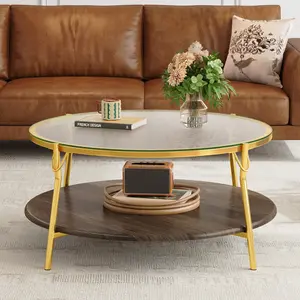 Bellemave Modern Round Walnut 2-Tiered Coffee Table with Glass Top and Gold Base for Living Room 29.9" Elegant Design Sturdy Metal Base Compact Round Shape
