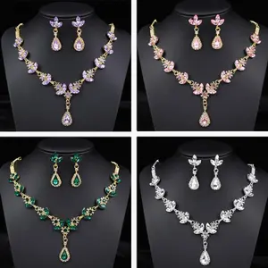 Women's Crystal Purple Rhinestone Necklace+Earrings Matching Set, Elegant Formal Wear Statement Costume Jewelry for Bridal, Prom