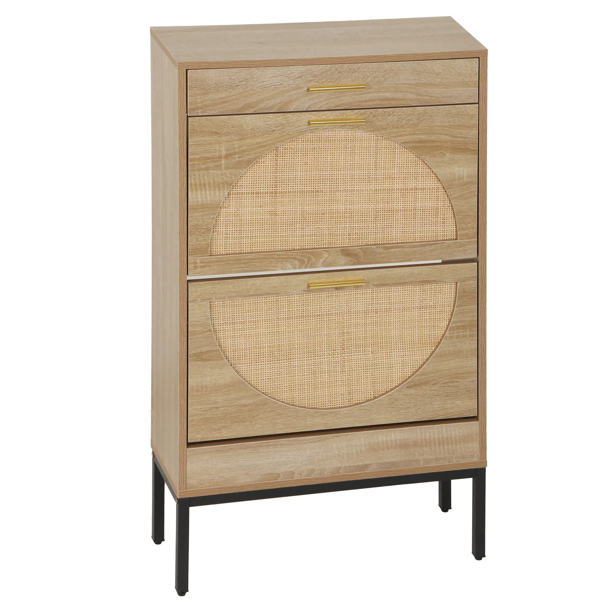 Segawe Traditional Geometric Natural Freestanding Shoe Rack Organizer - Half-Circle Rattan Weaving Design, 2 Flip Drawers, Adjustable PE/PB-Metal Structure, Smooth Beige Cupboard, Multi-Layer Room Storage Organization, 60lbs Max Capacity