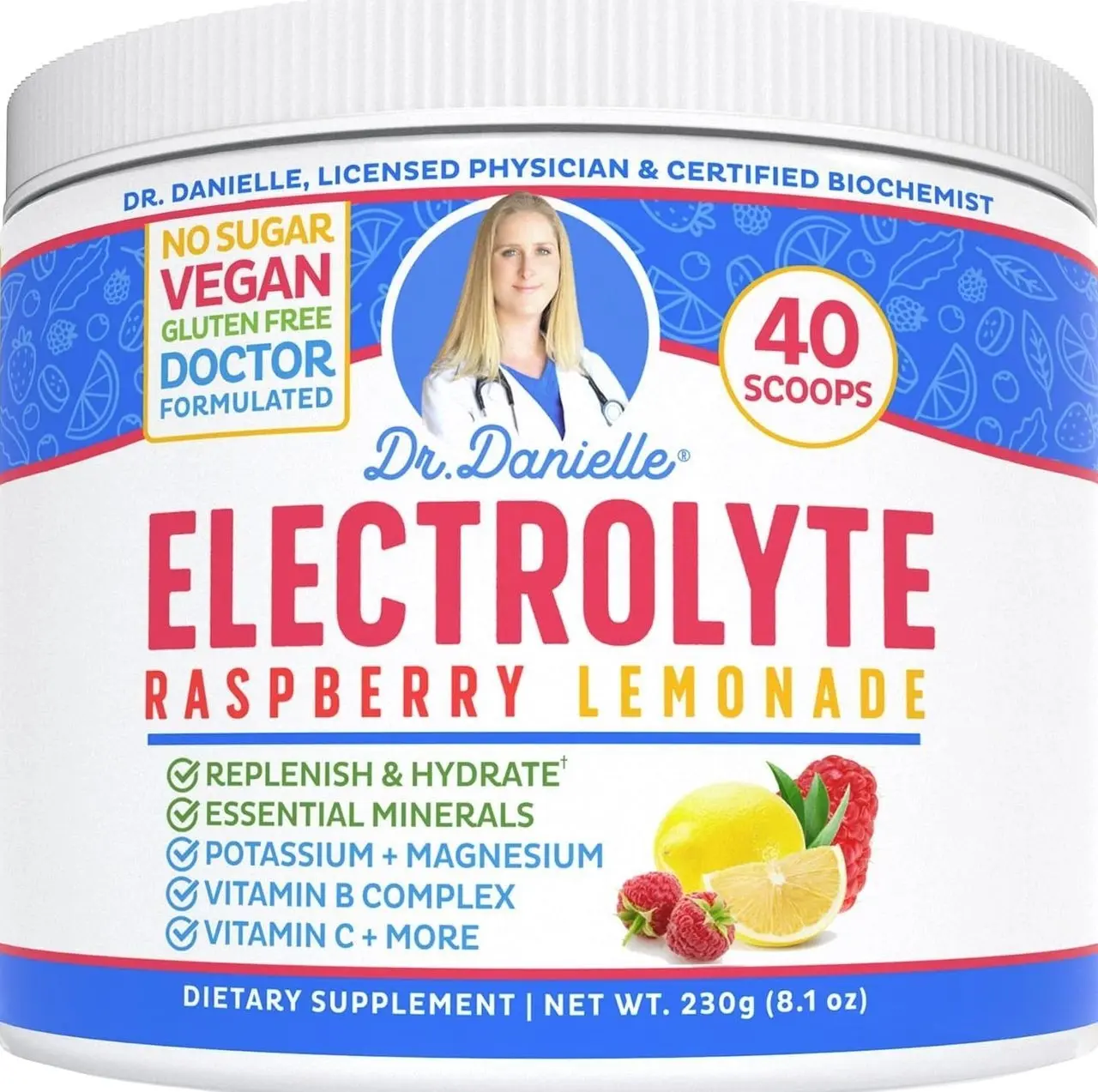 Dr. Danielle's Original Electrolyte Powder - Hydration Drink Mix Supplement - Boosts Energy & Keto-Friendly - No Maltodextrin & Sugar Free - Raspberry Lemonade Flavor
