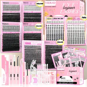 Eyelash Cluster Gift Kit(1816/1820 Pcs) 40D-300D & Fairy & Volume & Bunny D-Curvature Cluster Eyelash Extension Kit with Adhesive、Eyelash curler and Eye Makeup Tools, 2 Mixed-Style False Eyelash Kit for Easy DIY at Home