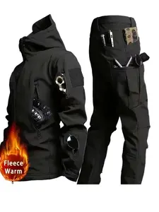 Men's Fall Winter Fleece Lined Windproof Outdoor Set, Durable Multi-Pocket Tactical Pants + Hooded Jacket, Ideal for Hiking Fishing Camping, Streetwear Tracksuit Set