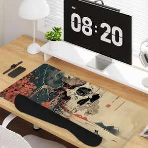 4 - in - 1 Ukiyo - e Style Skull & Cherry Blossom Elements Large Gaming Mouse Pad + Keyboard Wrist Rest + Mouse Pad with Wrist Support + Coaster Set with Ergonomic Design for Home Office Table Computer, Rubber Base Mousepad with Stitched Edges, Easy Typin