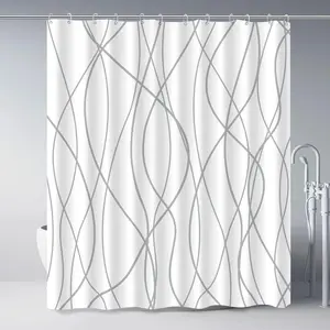 Grey and White Striped Polyester Shower Curtain for Bathroom with Hooks, Curtains 72 Inches Long, Weighted Hem, Waterproof Bath Accessories Hotel Style - Machine Washable