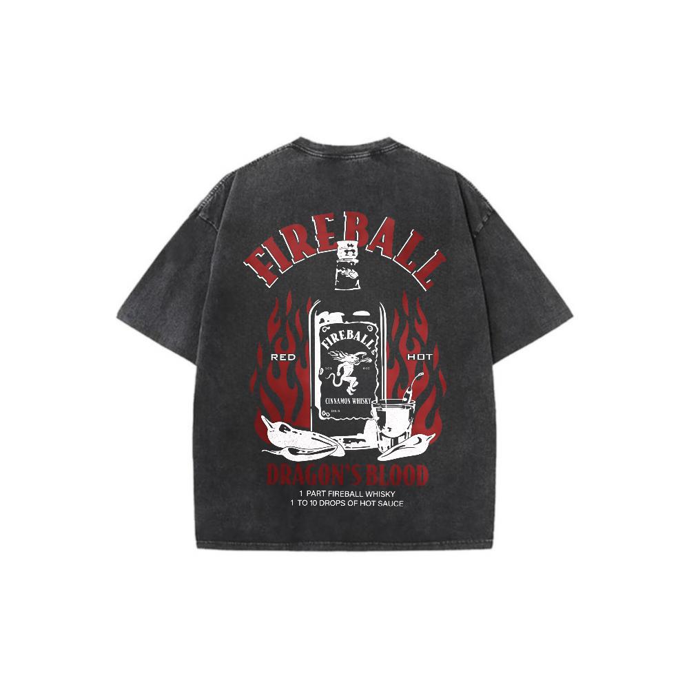 Fireball Dragon Blood Graphic Vintage Washed Cotton T Shirt Mens Oversized Streetwear Crew Neck Short Sleeve Casual Tee for Daily Wear Hip Hop Y2K Fashion Retro Print Urban Style Motorcycle Biker Top with Flame Design Breathable Soft Comfort Fit