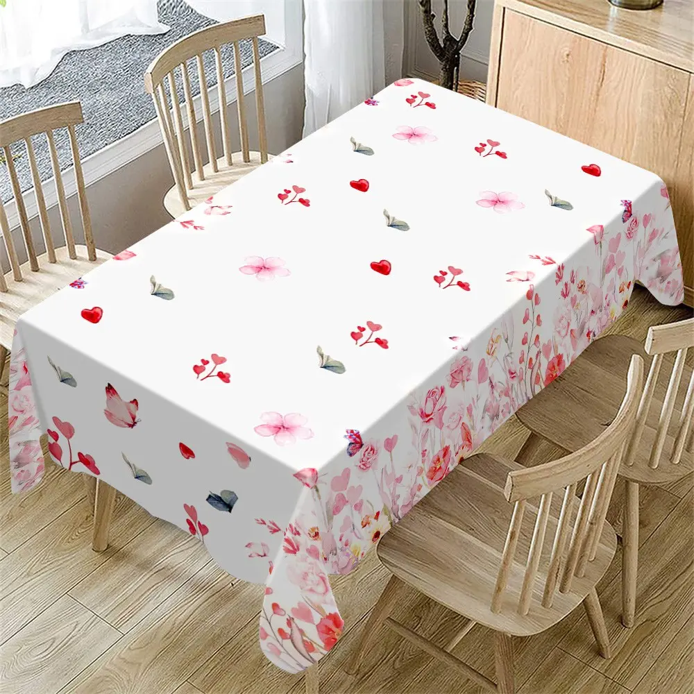 Valentine's Day Tablecloth, Rose Heart Floral Pattern, Indoor Outdoor Use, Home Kitchen Dining Decor, Holiday Party Wedding Dinner