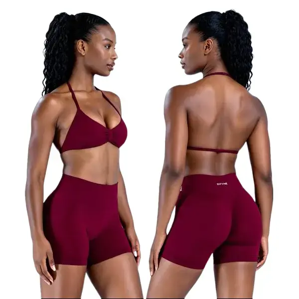 Women's (With Logo) DF 2-Piece Quick Dry Compression Sportswear Set - High Waist Tummy Control Biker Shorts, Seamless Ruched Sports Bra for Gym Training halter v-neck Crop Top high-waist tight-fitting casual outfit