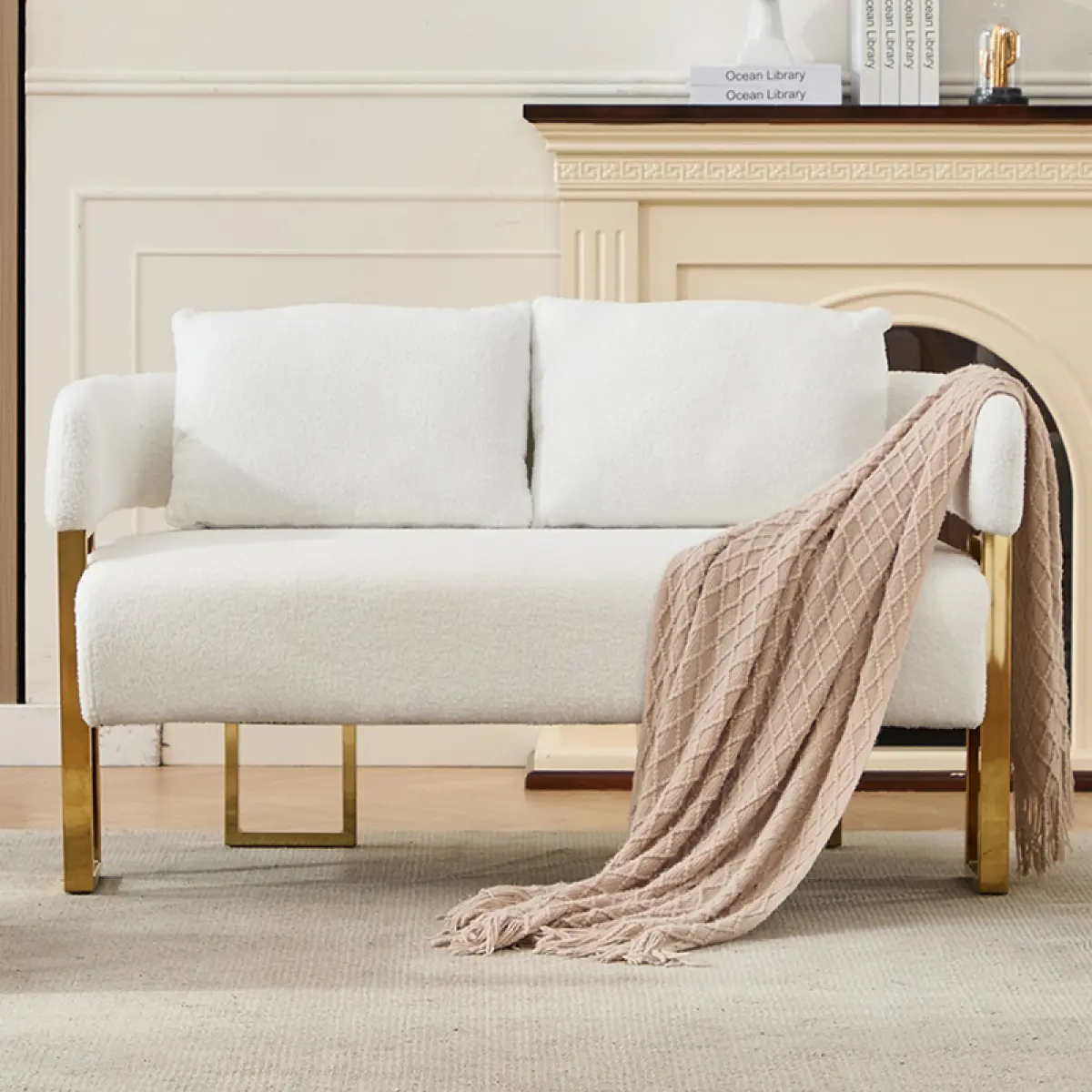 Loveseat Sofa Modern Accent Chairs for Living Room with Golden Metal Legs Soft Teddy Upholstered Reading Armchairs no Wheels for Reception Room//Bedroom/Lounge/Office, White