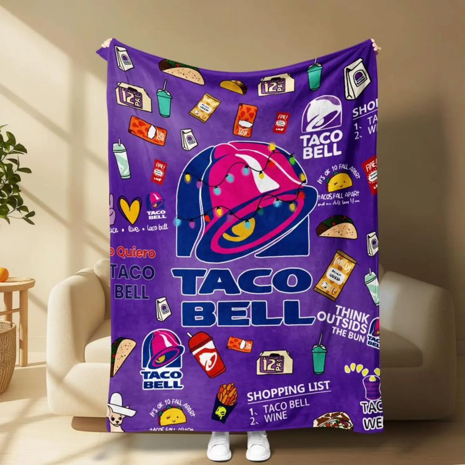 Taco Bell Themed Printed Flannel Blanket Throw - Soft Comfy Graphic Print Sofa Blanket with Bold Taco, Drink, Sauce Pack Designs, Soft Texture for All Seasons Cozy Lounging, Movie Nights