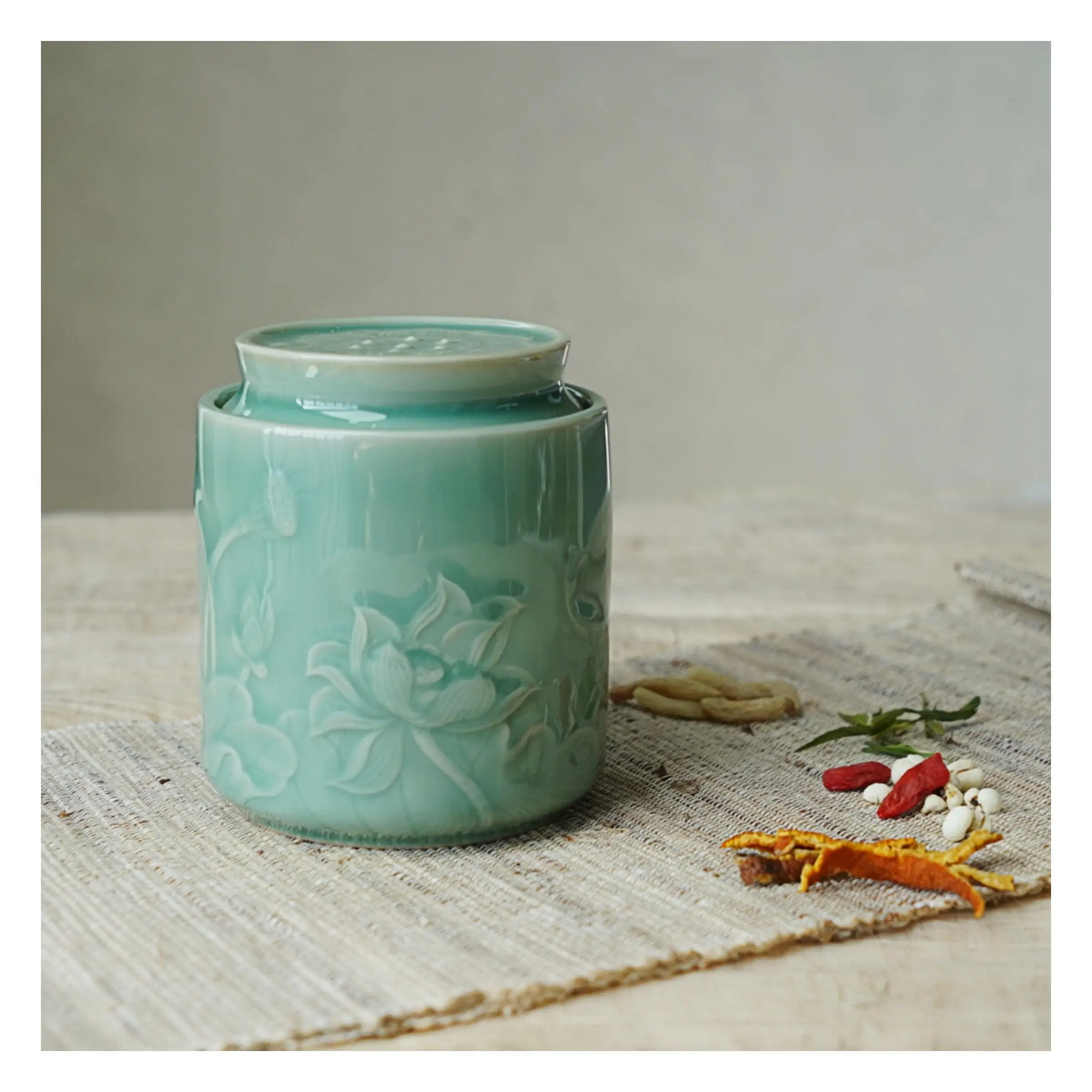 Handmade Longquan Celadon Ceramic Storage Jar with Lid - Lotus Pond Relief Design with Fish & Seed Pod Lid - 20oz Zen Inspired Gift for Tea Lovers & Home Decor