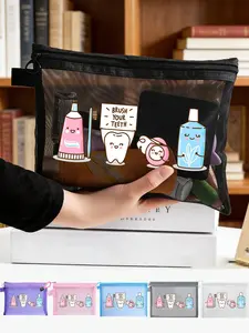Cute Cartoon Toothbrush Travel Bag, Portable Dental Care Storage, Transparent Mesh Makeup Bag, Lightweight Zipper Pouch for Travel School Daily Use