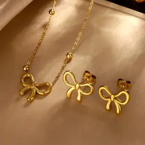 Minimalist Golden Titanium Steel Jewelry Set for Elegant Women Bow Pendant Hollow Ear Stud Adjustable Necklace Luxury Gift for Party Birthday Wedding Engagement Anniversary
