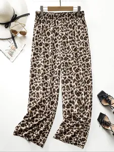 【Plus Size】 Plain / Leopard Print Elastic Waist Wide Leg Pants, Casual Fashion Trousers for Daily Wear, Ladies Bottoms for Spring & Fall, Casual Fitted Trousers