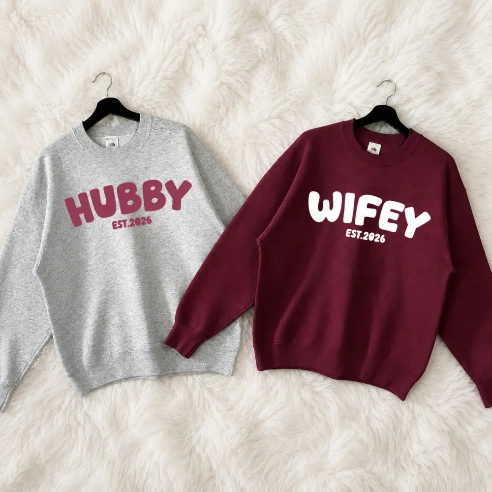 Custom Wifey and Hubby Sweatshirt Personalized Set Couple Matching Outfits Sweatshirt Pullover for Women for Men Unisex, Perfect Gift Anniversary Clothes