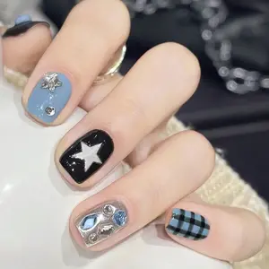 Star Pattern False Fake Nail for Women & Girls DIY Nail Art, 24pcs Rhinestone Decor Fake Nails & 1 Tape & 1 Nail File & 1 Stick, Elegant Stick on Nails Kit