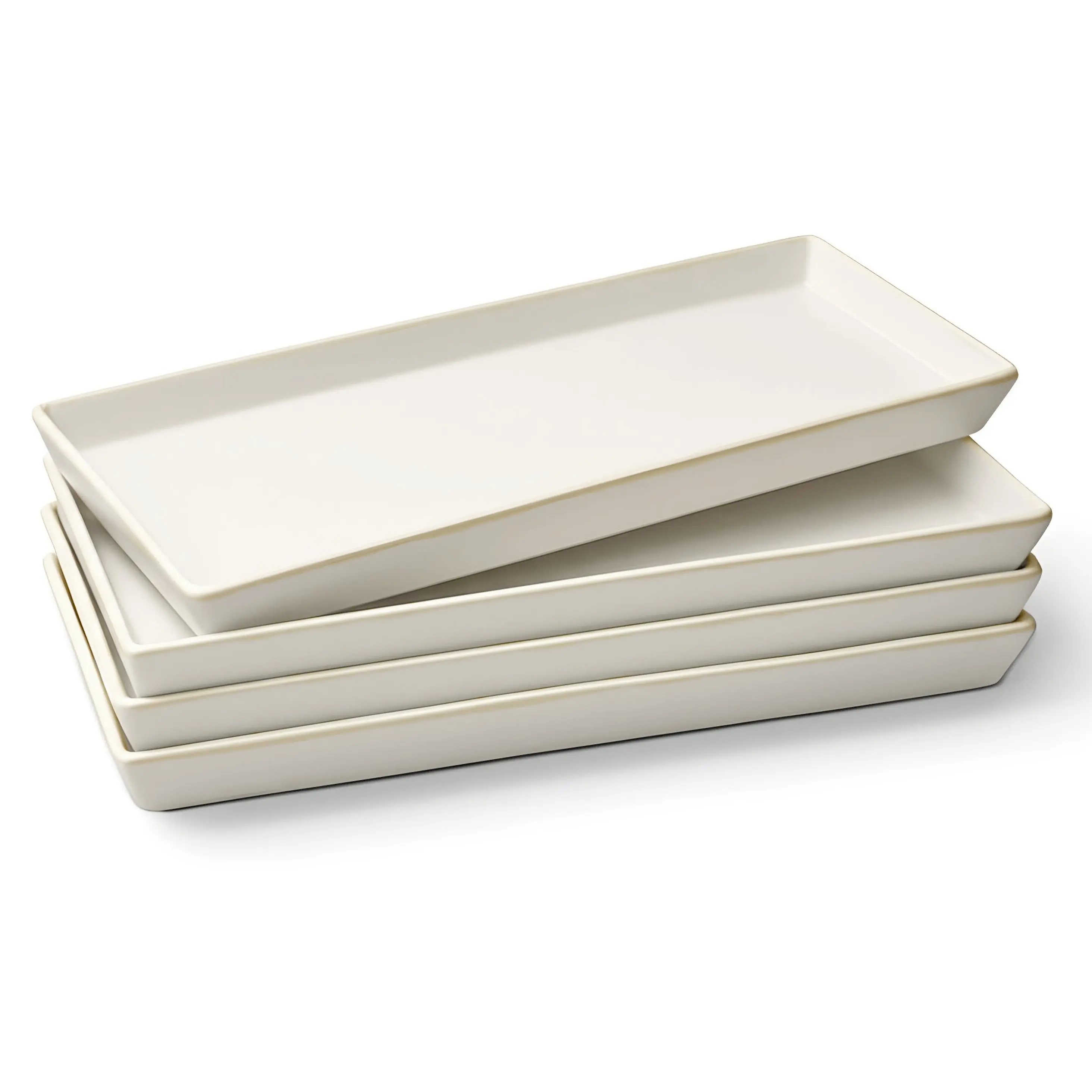 Sturdy Modern White Ceramic Rectangular Dinnerware Platters, 11-Inch Kitchenware Serving Trays, Set of 4
