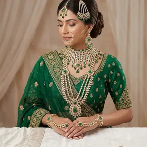 Bridal green beads and kundan jewelry set with gold alloy women wedding 7 pieces set