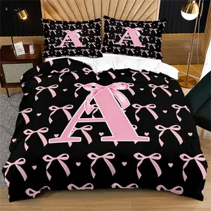 Black Pink Bow Personalized Initial Duvet Cover Set, Decorative Duvet Cover, Suitable for Women and Girls' Bedroom Bedding Set,Including 1 Duvet Cover and 1 or 2 Pillowcases (Excluding Quilt and Pillow Inserts)