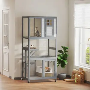 74" Wooden Outdoor Cat House Catio with High Weight Capacity Cat Cage Condo Dark Gray Weather Resistant with Wheels for Easy Movement