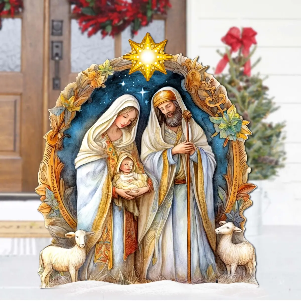 Designocracy 8611074F Wood Freestanding Religious Decoration, 32x28 in UV-Coated Nostalgic Nativity Scene, Outdoors Sun Protection Holiday Home Decor