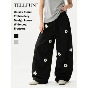 TELLFUN Men's Floral Embroidery Harem Pants, 2026 Spring Menswear, Elegant Elastic Waist Drawstring, Loose-Fitting Baggy Wide Leg Cotton Joggers, All Seasons Casual Y2K Streetwear Vintage Bottoms
