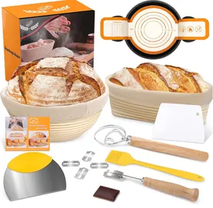 Banneton Basket Set of 2, 10" Oval & 9.7" Round Banneton Bread Proofing Basket with Liners, Bread Lame, Silicone Baking Mat, Danish Whisk, Brush, Proofing Bowls Sourdough Starter Kit Tools
