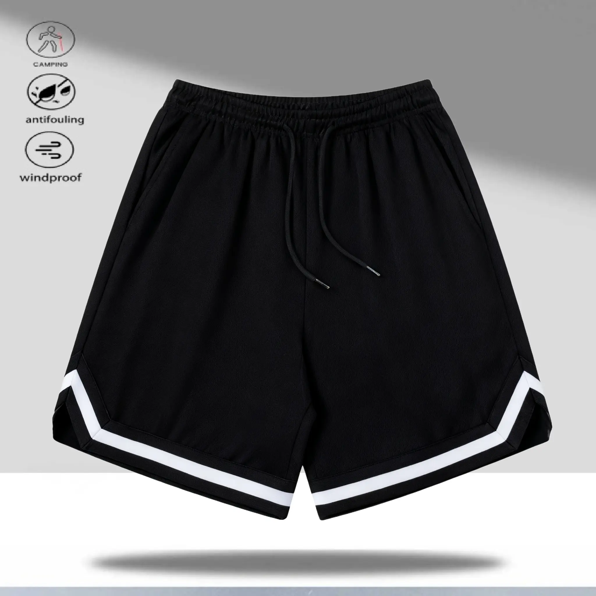 Men's Plain Polyester Athletic Jogger Shorts - Striped Hem, Drawstring-Elastic Waist, Above-Knee Fit, Machine Washable, Casual Sporty Chic, Above The Knee, Jogging Shorts