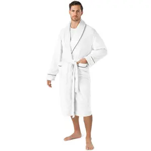 Men’s soft robe, men’s plush warm bathrobe, long spa robe with shawl collar, pocket, border