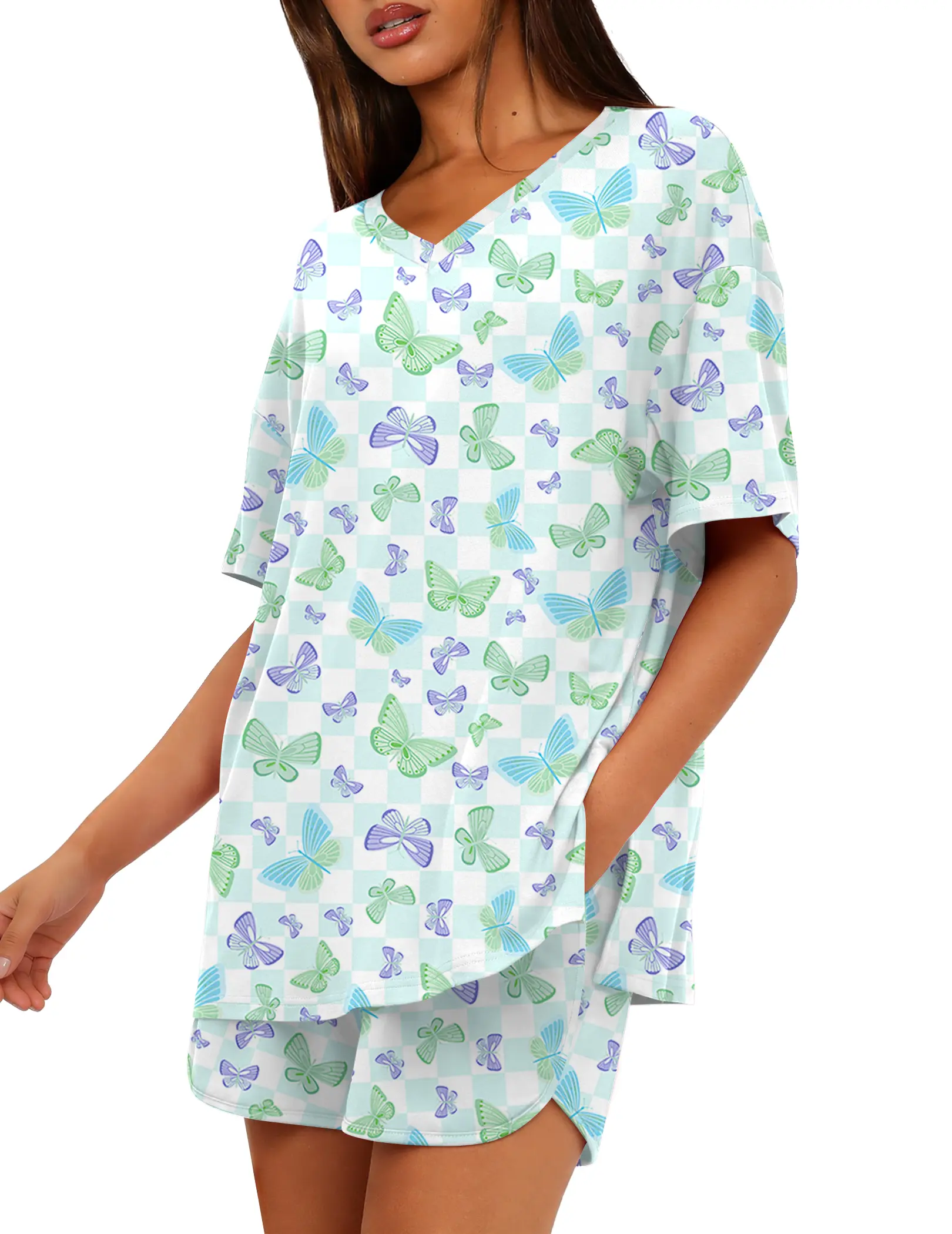 MARVMYS Women's 2-Piece Pajama Set, Oversized Solid Short Sleeve Reversible V-Neck Top and Shorts with Pockets, Soft Loungewear, Nightwear, T-Shirt, Shortsleeve, Sporty, Suit, Matching, Cute Pajamas, Casual, Comfortable