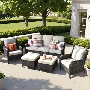 XIZZI Outdoor 5 PCS Patio Set Conservation Brown/Grey Wicker Couch 3-Seat All Weather Rattan Sofa Polyester Ottomans Comfy Cushions for Long Term Use Eco-Friendly Design UV Protection