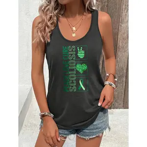 Women's Scoliosis Awareness Scoliosis Green Ribbon Heart Print Sleeveless Top - Charity Scoliosis AWARENESS Month Apparel, Casual Summer Machine Washable Scoliosis Gift for Scoliosis Patients & Families