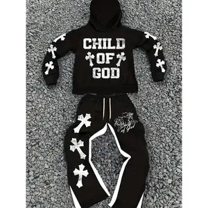 Men's Casual Trendy "Youngsters OF GOD" Print Hoodie & Sweatpants Set - Polyester, Machine Washable, Black with White Cross Design, Ideal for Fall/Winter Leisure, Hoodie Clothes Menswear Suits Gamis Long Sleeve Motocross Bestie men's 2 piece set