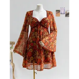 Plus Size Women Holiday Autumn/Winter Lace-Trim Mesh Patterned Brown Base Floral Print Flare Sleeve Mini Dress,Beach Dress Sundress,Holiday Outfits Boho