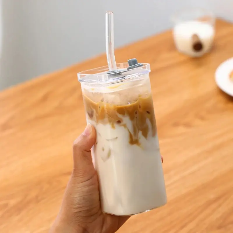 400ml Square Heat-Resistant Coffee Glass Cup with Lid and Straw, Transparent Milk Tea Juice Cup, Coffee Cup, Home Bar Drinkware